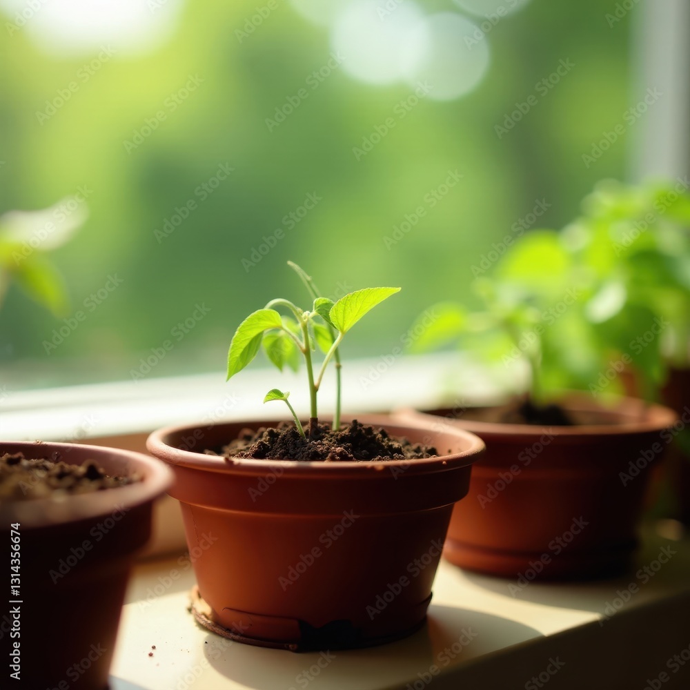 Tiny green tomato plants sprout in peat pots, sunny windowsill , growing, window Tiny green tomato plants sprout in peat pots, sunny windowsill , growing, window