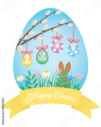 Easter card. Vector illustration with Easter eggs, Easter bunny, pussy willow branches and Happy Easter lettering.