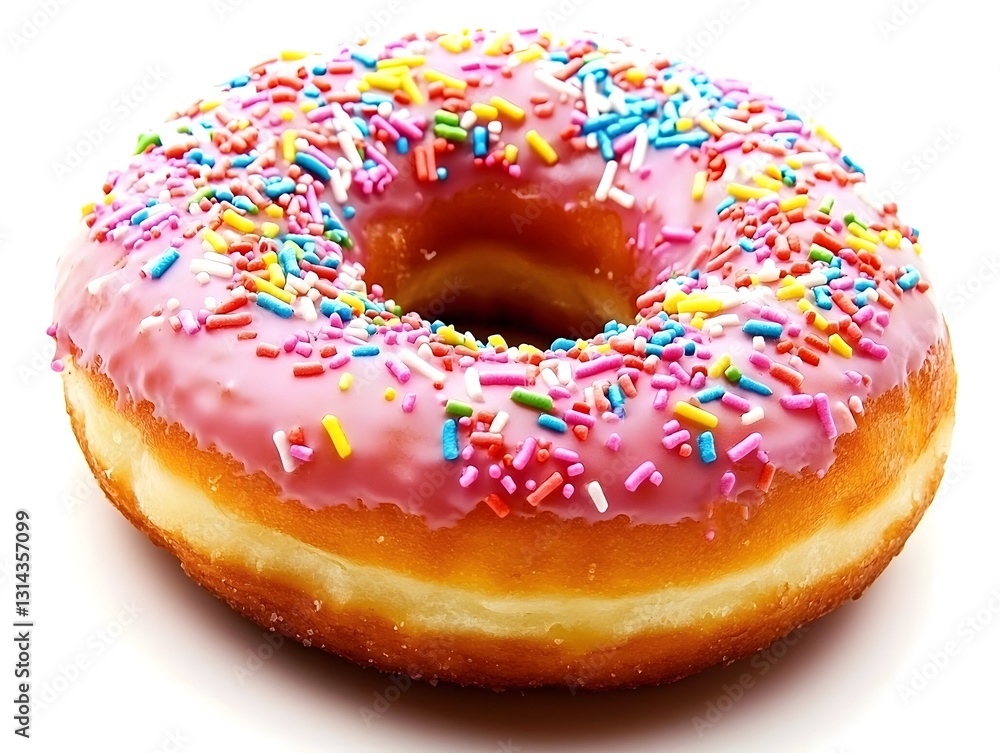 Tempting Glazed Donut with Vibrant Sprinkles on a White Background Tempting Glazed Donut with Vibrant Sprinkles on a White Background