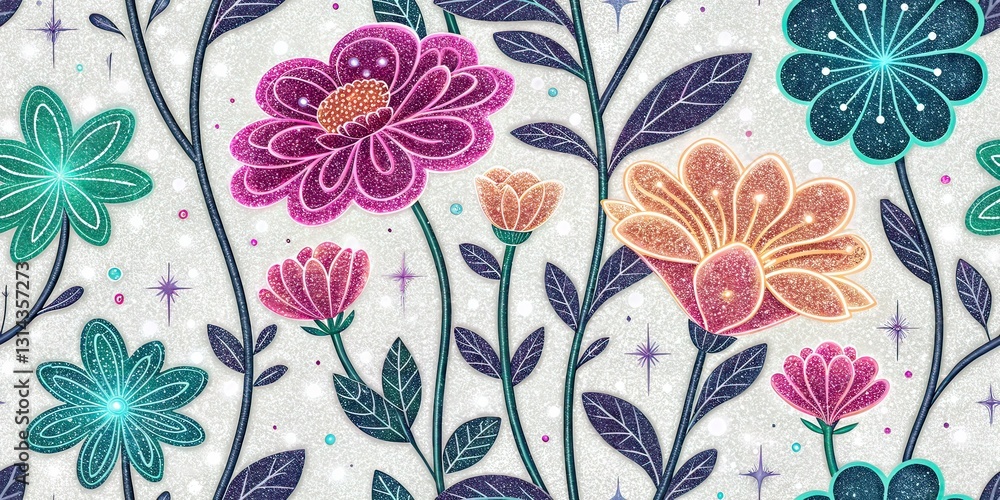 Neon Glitter Flower Garden Design, Copy Space Neon Glitter Flower Garden Design, Copy Space