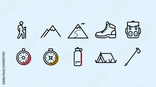 Camping Icon Set: Hiking, Mountains, Backpacking, Compass, Water Bottle, and Tent Vector Icons for Outdoor Activities and Adventure Projects