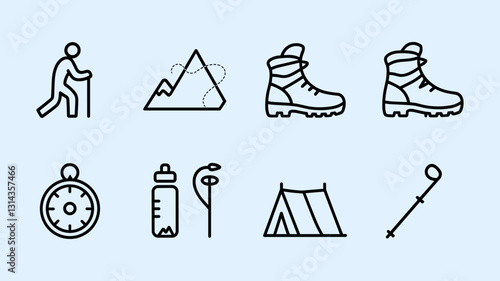Hiking Adventure Vector Icon Set for Outdoor Activities, Featuring Mountains, Boots, Compass, Water Bottle, Tent, and Trekking Equipment