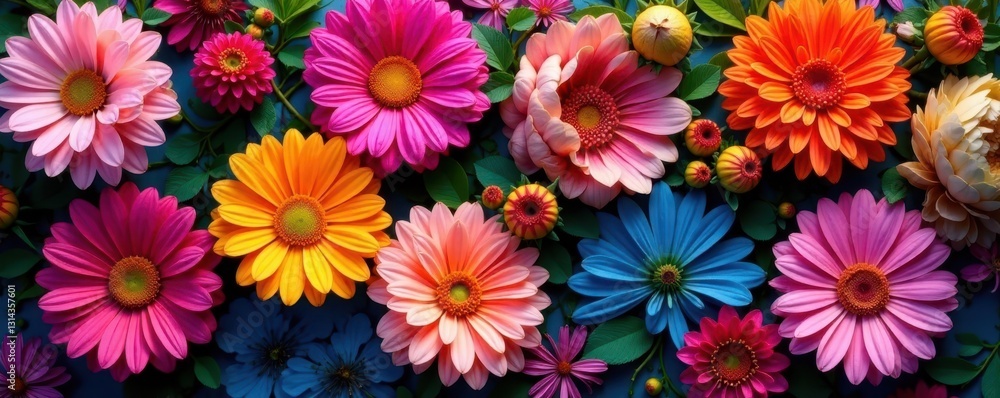 Vibrant blooms, diverse textures, overhead view, petals, landscape, daylight Vibrant blooms, diverse textures, overhead view, petals, landscape, daylight