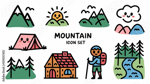 Mountain vector icon set for outdoor adventures, hiking, camping, nature exploration, and travel graphics. Fun illustrations for social media and design projects.