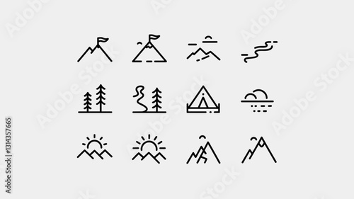 Vector Icon Set of Mountain, Forest, Camping, and Nature Symbols for Outdoor Adventure, Travel, and Hiking Graphics in Minimalist Line Art Style