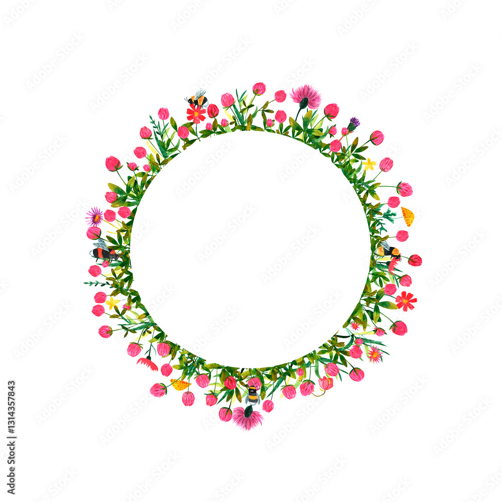 The watercolor wreath on a white background. Summer frame with clover and wildflowers, butterflies, dragonflies and bumblebees. Flower design design. Ideal for cards, poster, postcards, invitations The watercolor wreath on a white background. Summer frame with clover and wildflowers, butterflies, dragonflies and bumblebees. Flower design design. Ideal for cards, poster, postcards, invitations
