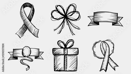Vector Icon Set of Ribbons, Bows, and Gift Boxes for Celebrations, Events, and Fundraising | Hand-Drawn Decorative Elements for Design Projects