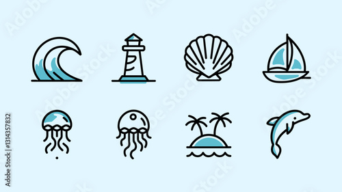 Coastal Vector Icon Set Featuring Waves, Lighthouse, Shell, Sailboat, Jellyfish, Island, Palm Trees, and Dolphin for Marine and Beach Projects