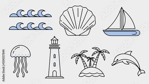 Beach Vector Icon Set: Jellyfish, Lighthouse, Dolphin, Sailboat, Waves, Palm Trees, Shell - Perfect for Summer, Ocean, and Marine Themes