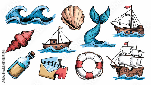 Vector Icon Set Featuring Nautical Symbols, Sea Creatures, Boats, Waves, Shells, and Maritime Elements for Travel and Ocean-Themed Designs