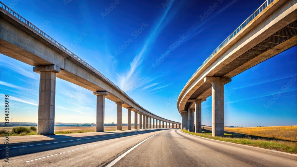 Majestic concrete overpass stretches into the horizon under a brilliant clear blue sky with not a cloud in sight, concrete bridge, distance Majestic concrete overpass stretches into the horizon under a brilliant clear blue sky with not a cloud in sight, concrete bridge, distance
