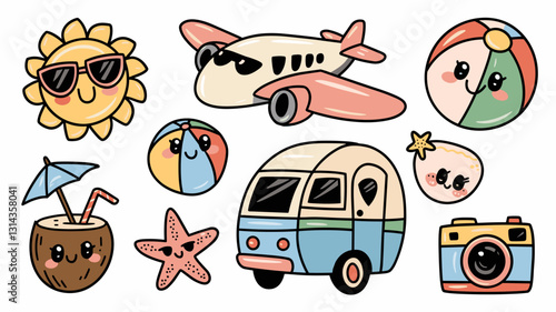 Summer Vacation Vector Icon Set with Beach Elements, Travel Icons, Sun, Airplane, Camper, and Fun Accessories for Graphic Design and Social Media