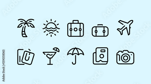 Travel Vector Icon Set Featuring Beach, Airplane, Luggage, and Camera Designs for Vacation and Tourism Graphics