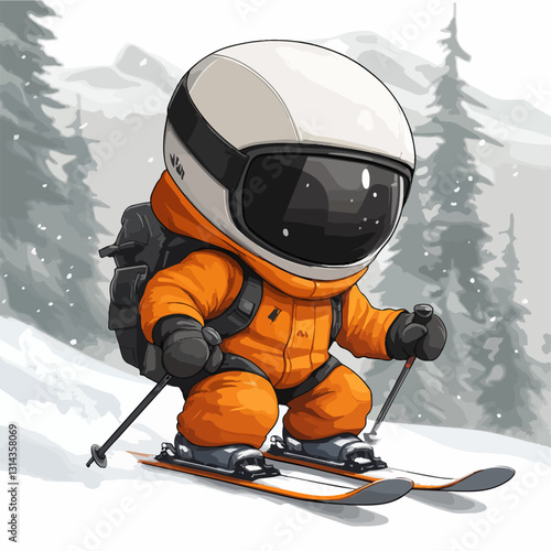 Chibi-style digital illustration of a skier in a futuristic astronaut helmet and orange snowsuit, skiing down a snowy mountain. A unique blend of winter sports and sci-fi adventure