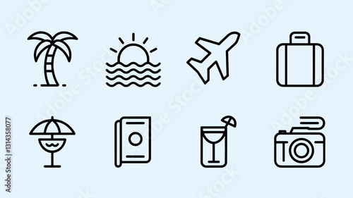 Travel Vector Icon Set: Palm Trees, Airplane, Suitcase, Beach, Cocktail, Camera, and Sunset – Perfect for Vacation and Tourism Designs