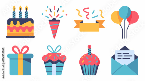 Birthday Celebration Vector Icon Set with Cake, Balloons, Gifts, and Cupcakes for Festive Events and Party Designs