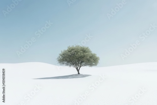 Lone tree stands in the vast snow-covered landscape under a clear blue sky in winter