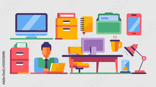 Vector Icon Set of Office Essentials: Desk, Computer, Files, Phone, and Coffee for Business and Workspaces