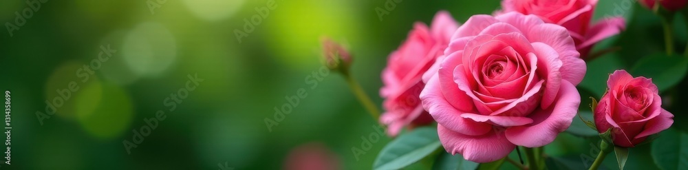 Vibrant pink roses, lush greenery, close-up detail, close up, pink rose, lush Vibrant pink roses, lush greenery, close-up detail, close up, pink rose, lush