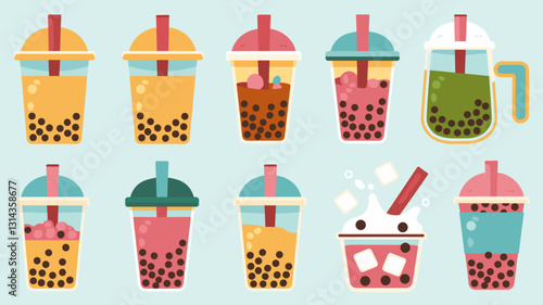 Boba tea vector icon set with colorful bubble tea drinks, dessert cups, and cute illustrations for menus, websites, and food-related projects.