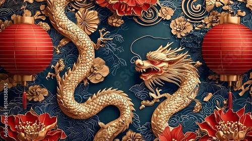 Wallpaper Mural Auspicious Chinese New Year Background with Red Lanterns and Golden Dragons Torontodigital.ca