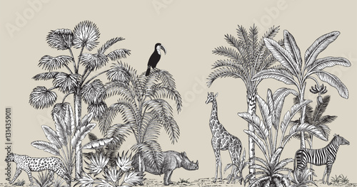 Toile tropical vintage botanical palm trees, banana tree, plants, giraffe, rhino, leopard, zebra animal, toucan seamless border. Graphic jungle mural.