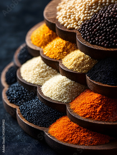 Fototapeta Naklejka Na Ścianę i Meble -  Wooden tiered spice display on dark background