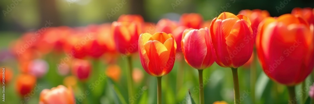 Vibrant tulips in a spring garden row, close-up view, outdoor, colorful, field Vibrant tulips in a spring garden row, close-up view, outdoor, colorful, field
