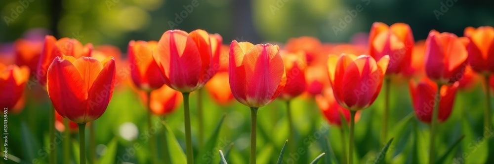 Vibrant tulips in a spring garden row, close-up view, plant, background Vibrant tulips in a spring garden row, close-up view, plant, background