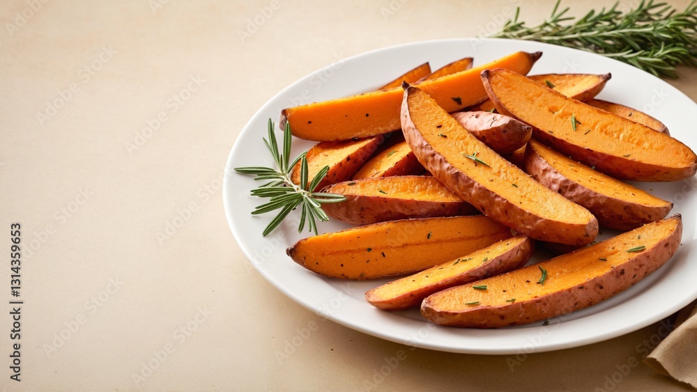 Golden Sweet Potato Wedges Garnished with Rosemary on a Light Beige Plate Golden Sweet Potato Wedges Garnished with Rosemary on a Light Beige Plate