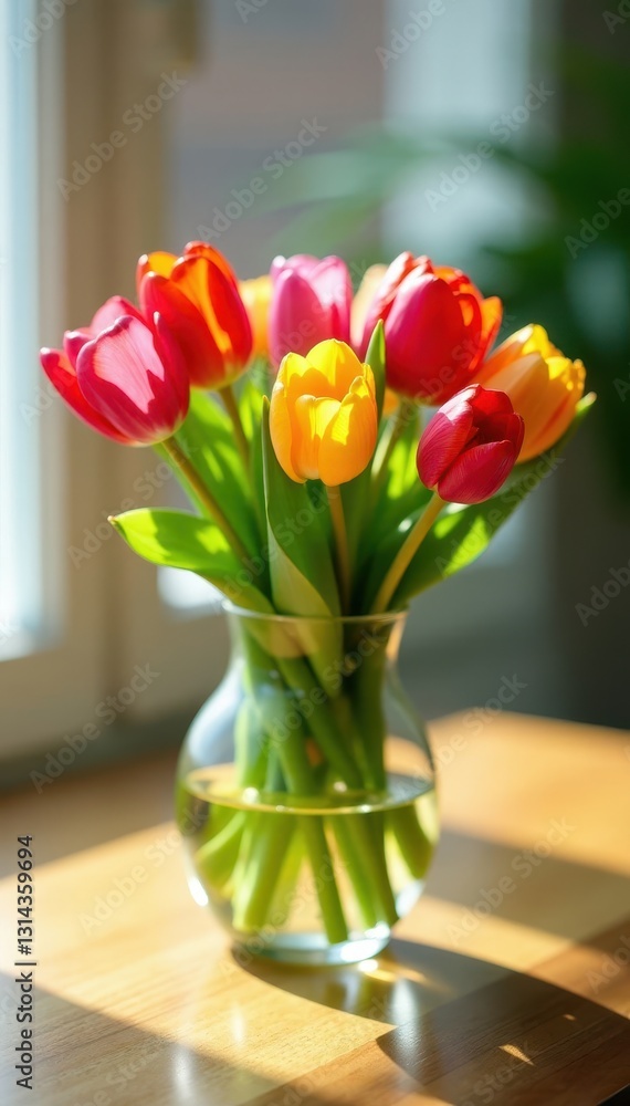 Vibrant tulips in a glass vase, sunlight on wood table, home decor, colorful flowers Vibrant tulips in a glass vase, sunlight on wood table, home decor, colorful flowers