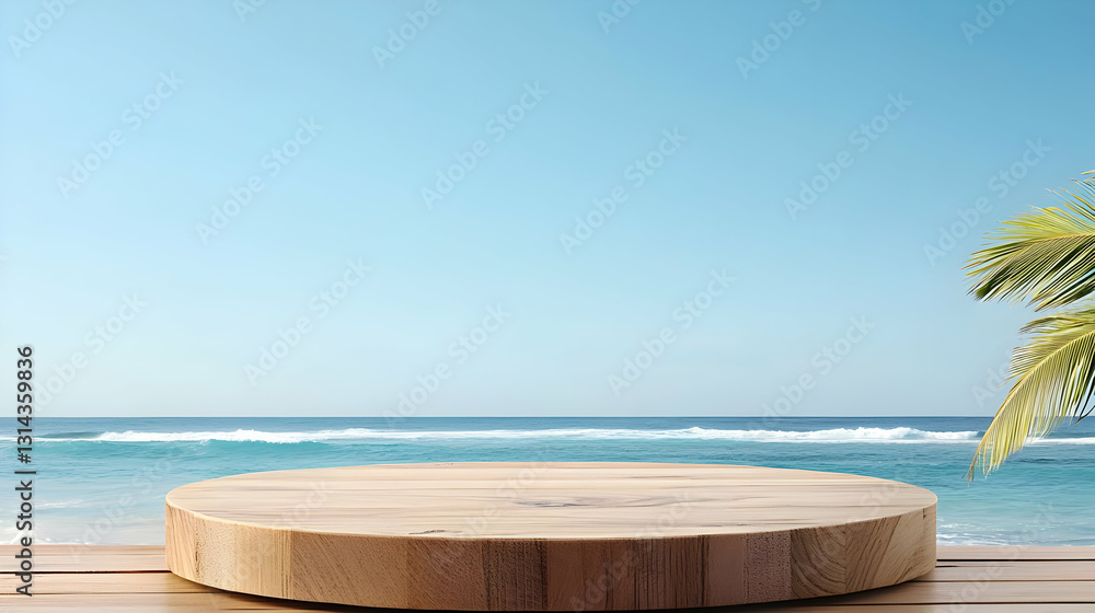 Wooden Platform Display on a Tropical Beach with Blue Sea and Sky in the Background Featuring Natural Light and Turquoise Water Wooden Platform Display on a Tropical Beach with Blue Sea and Sky in the Background Featuring Natural Light and Turquoise Water