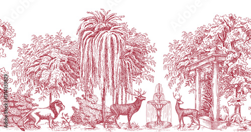 Toile park with lion, deer animal, willow, tree, fountain, column seamless border. Classic landscape mural.