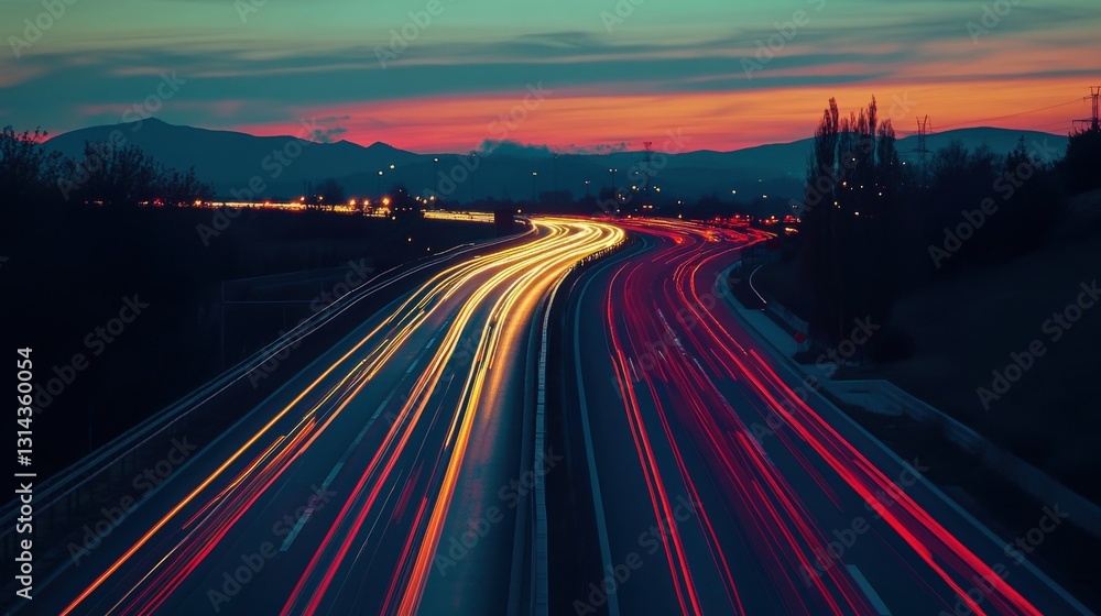 Nighttime highway scene with vibrant light trails, mountains in the distance, and sunset sky Nighttime highway scene with vibrant light trails, mountains in the distance, and sunset sky