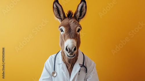 donkey doctor. in a doctor's coat. on an isolated colored background. smiling. kind doctor. real photo. place for copying text.