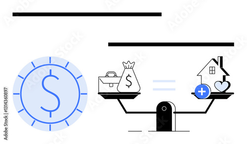 Scales balance money bag and briefcase against house and heart icon, emphasizing financial decisions and well-being. Ideal for finance, loans, savings, investments, work-life balance, real estate
