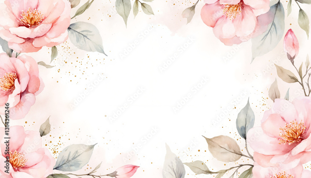 Obraz premium Watercolor flowers with leaves on white background, floral frame with copy space