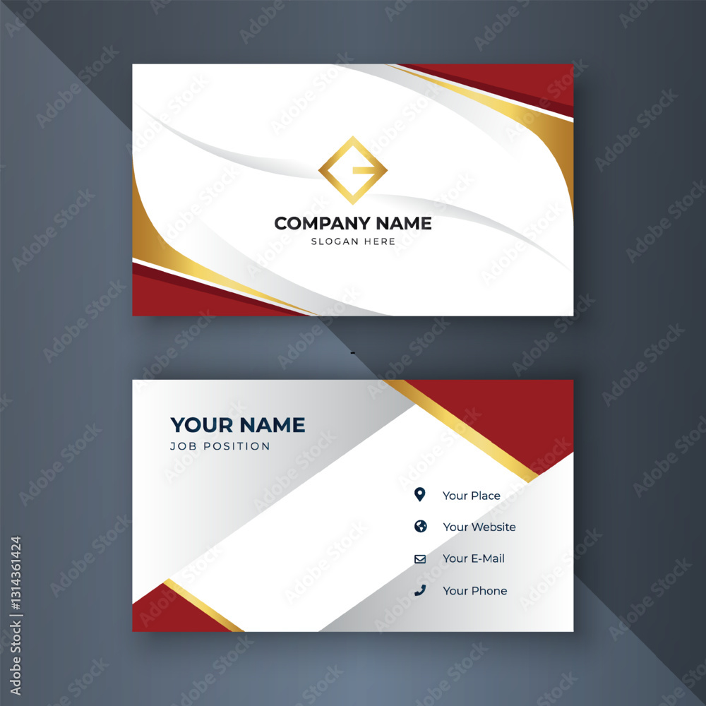 Fototapeta premium Elegant red-gold business card design on dark grey background