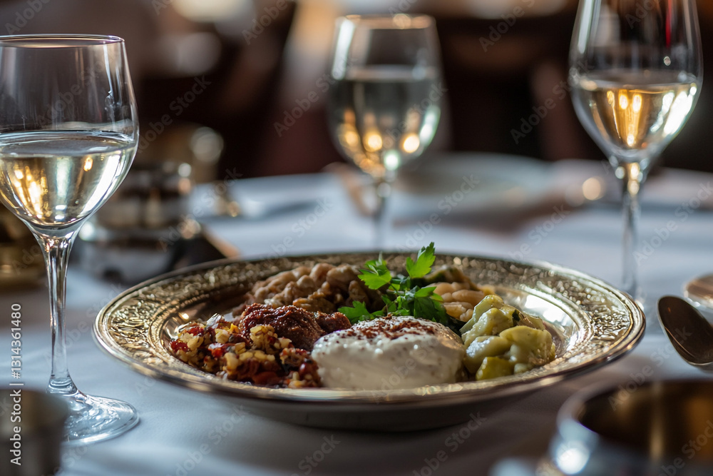 Festive Passover Seder plate adorned with traditional dishes and elegant glassware Festive Passover Seder plate adorned with traditional dishes and elegant glassware