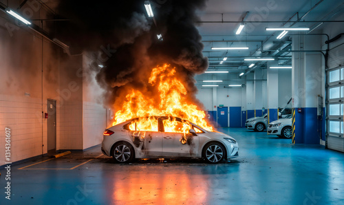 Scene of an electric car on fire in a public garage with other cars parked