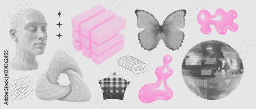 Wireframe 3D geometric shapes set, fi holograms, futuristic mechanisms, engine blueprint, retro futuristic forms in perspective, frontal view. 3D halftone cyberpunk elements. Vector y2k set