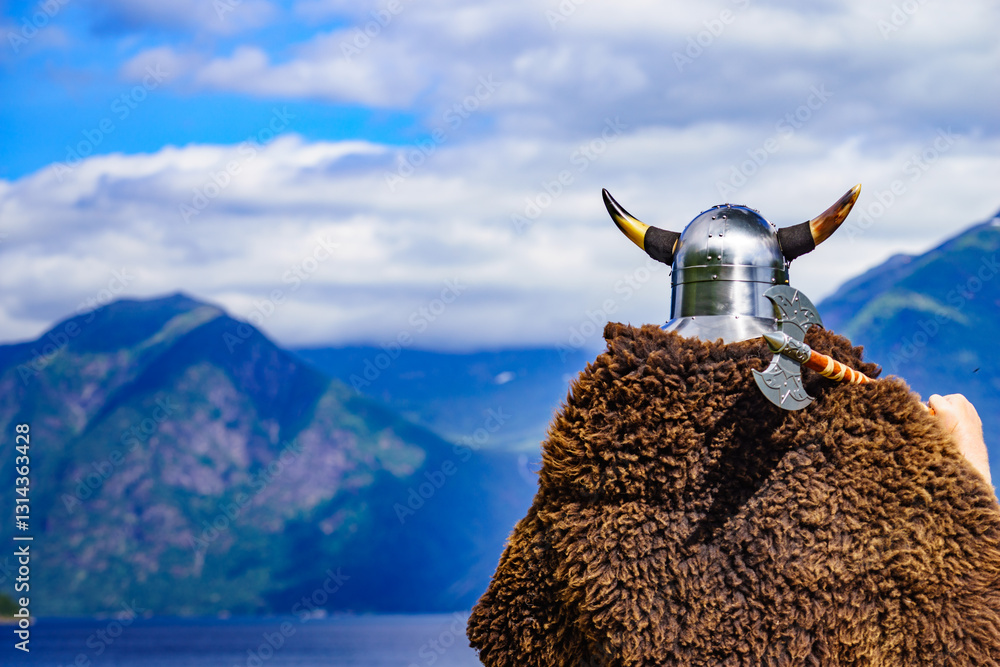 Viking warrior on fjord shore, Norway
