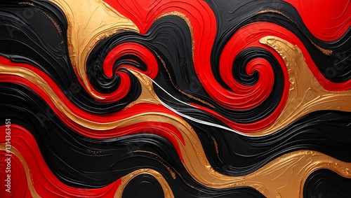 Vibrant swirling patterns of red black and gold