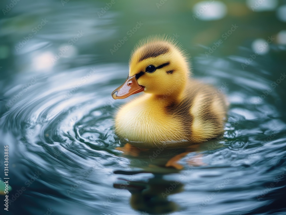 Adorable duckling swims serenely in rippling turquoise water landscape Adorable duckling swims serenely in rippling turquoise water landscape