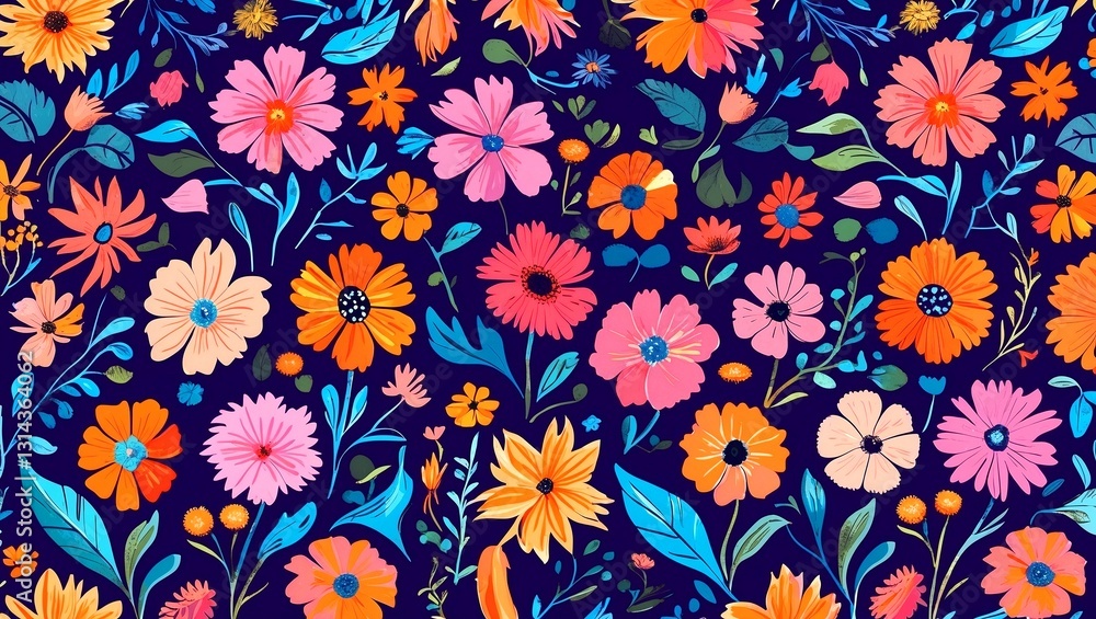 Vibrant whimsical floral pattern on deep purple background Vibrant whimsical floral pattern on deep purple background