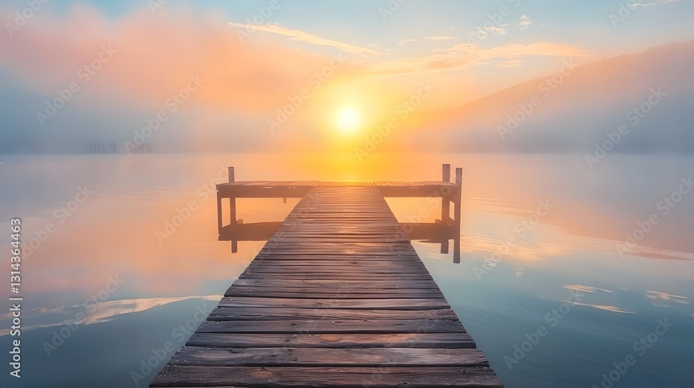 Tranquil Sunrise Meditation on Serene Wooden Dock Overlooking Misty Lake Tranquil Sunrise Meditation on Serene Wooden Dock Overlooking Misty Lake
