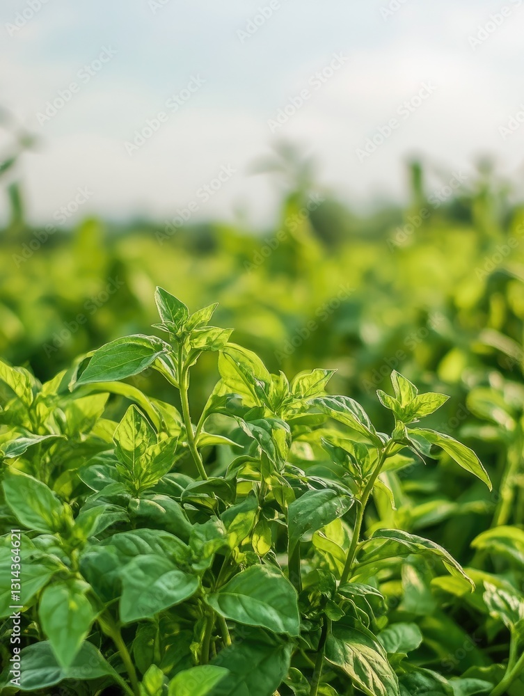 Lush basil field bathed in sunlight, a vibrant green herb garden Lush basil field bathed in sunlight, a vibrant green herb garden