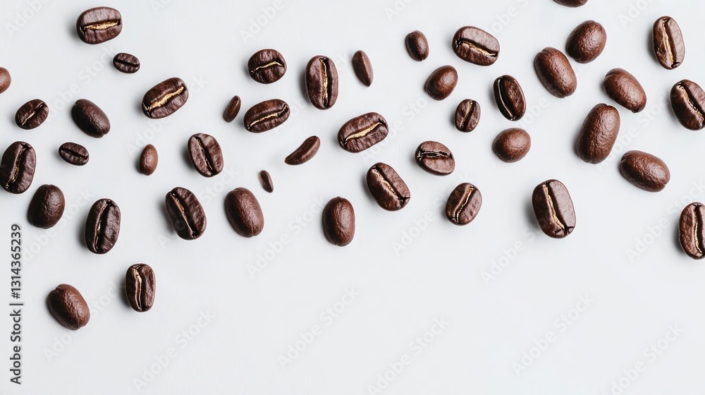 Scattered Roasted Coffee Beans on White Background with Overhead Lighting Scattered Roasted Coffee Beans on White Background with Overhead Lighting
