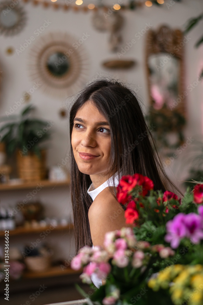 Portrait of a young happy dark-haired woman sitting in a studio with flowers and indoor plants.The spring concept,home gardening.