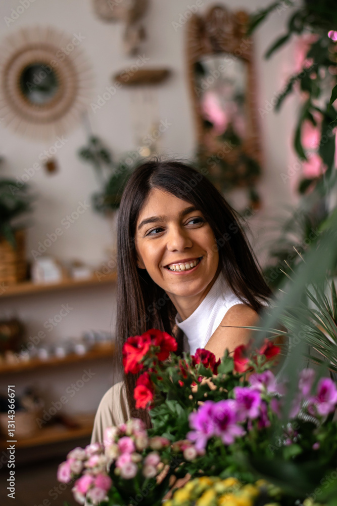 Portrait of a young happy dark-haired woman sitting in a studio with flowers and indoor plants.The spring concept,home gardening.